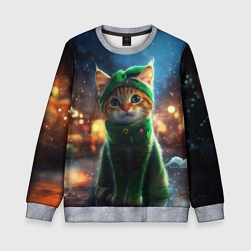 Детский свитшот Зеленый новогодний котик / 3D-Меланж – фото 1