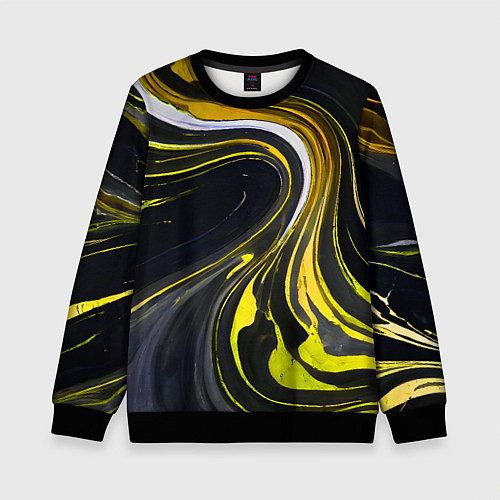 Детский свитшот Волнистые бело-жёлтые линии на чёрном фоне / 3D-Черный – фото 1