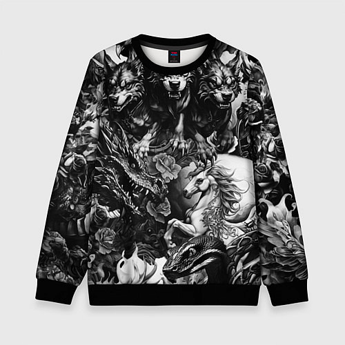 Детский свитшот Дракон и другие мифические существа в стиле тату / 3D-Черный – фото 1