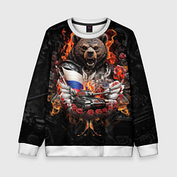 Свитшот детский Танк на фоне русского медведя и флага, цвет: 3D-белый