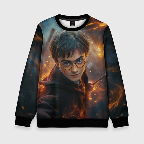 Детский свитшот Гарри Поттер в окружении огня / 3D-Черный – фото 1