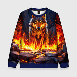 Свитшот детский Волк в огненной пещере, цвет: 3D-синий