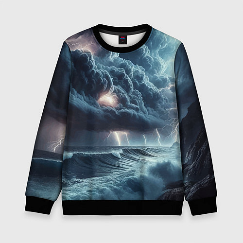 Детский свитшот Шторм на море - сверкание молний / 3D-Черный – фото 1