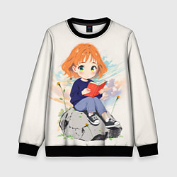 Свитшот детский Аниме девушка и книга, цвет: 3D-черный