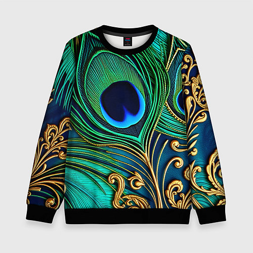 Детский свитшот Зеленые перья павлина / 3D-Черный – фото 1