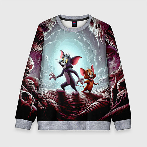 Детский свитшот Том и Джерри в пещере ужасов - хэллоуин / 3D-Меланж – фото 1