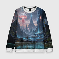 Свитшот детский Фантастический мир с медузами и озеро у гор, цвет: 3D-белый