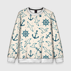 Свитшот детский Морской паттерн из штурвалов, чаек и якорей, цвет: 3D-белый