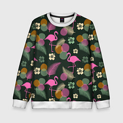 Свитшот детский Фламинго и листья на темно-зеленом, цвет: 3D-белый