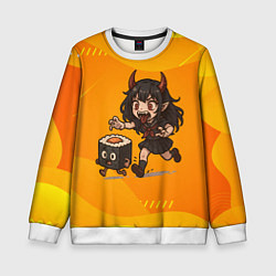 Свитшот детский Девочка дьявол бежит за роллом, цвет: 3D-белый