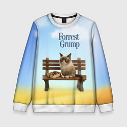 Свитшот детский Пародия Форрест Гамп - кот на скамейке, цвет: 3D-белый