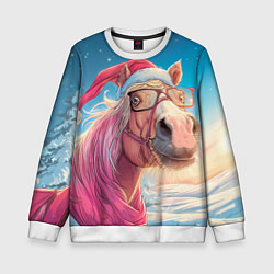 Свитшот детский Новогодняя лошадь в очках, цвет: 3D-белый