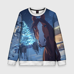 Детский свитшот Лошадь на фоне новогодней елки