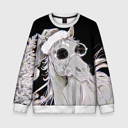 Свитшот детский Новогодняя лошадь в круглых очках, цвет: 3D-белый