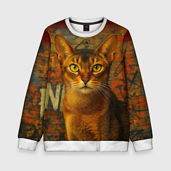 Свитшот детский Абиссинская кошка на фоне кирпичной стены с граффи, цвет: 3D-белый