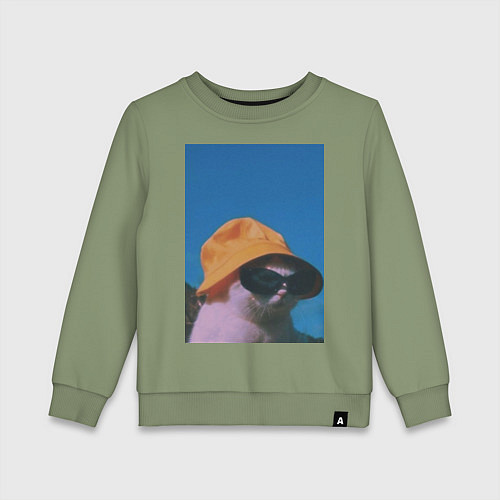 Детский свитшот Котик в шляпе и очках / Авокадо – фото 1