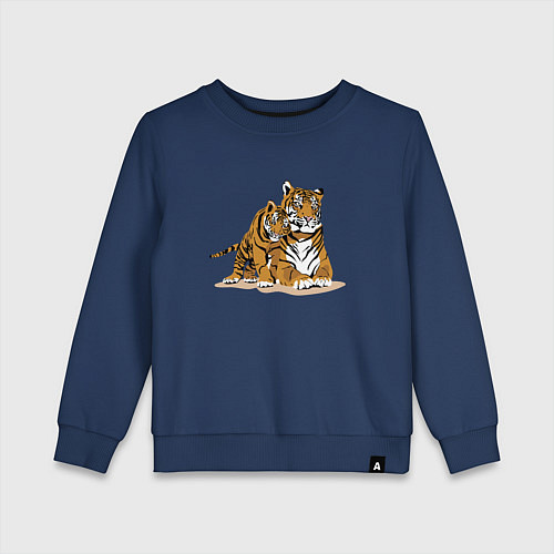 Детский свитшот Тигрица с игривым тигрёнком / Тёмно-синий – фото 1
