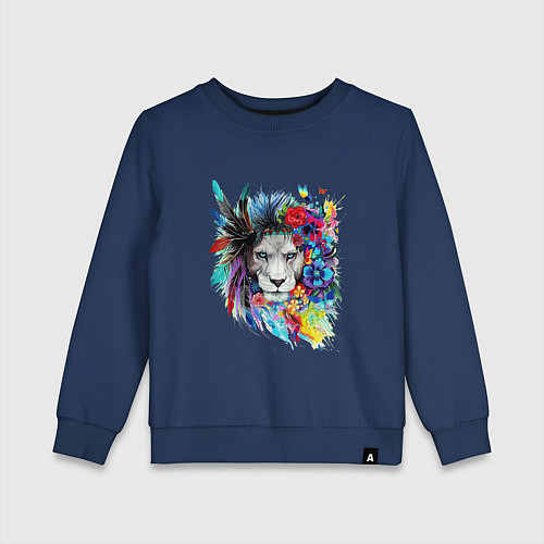 Детский свитшот Лев в цветах и перьях / Тёмно-синий – фото 1