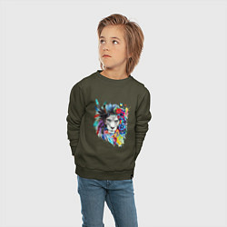 Свитшот хлопковый детский Лев в цветах и перьях, цвет: хаки — фото 2