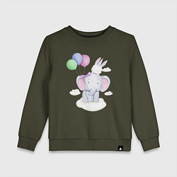 Свитшот хлопковый детский Милый Слонёнок и Крольчонок На Облаке, цвет: хаки