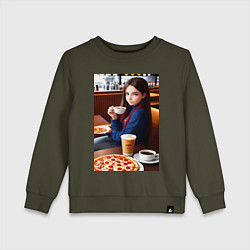 Свитшот хлопковый детский Аниме девушка с кофе, цвет: хаки