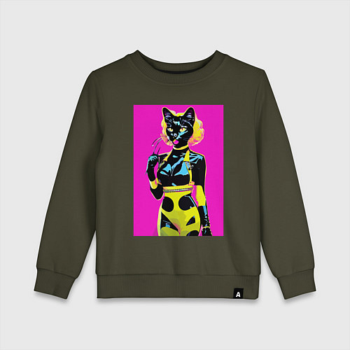 Детский свитшот Black cat - fashionista - pop art - neural network / Хаки – фото 1