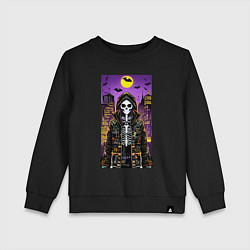 Свитшот хлопковый детский Хэллоуин в мегаполисе - модный скелет, цвет: черный