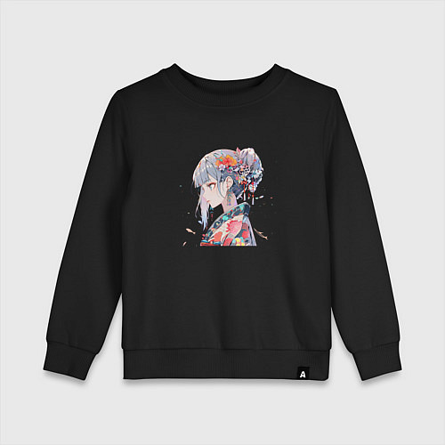 Детский свитшот Аниме девушка с цветами в волосах / Черный – фото 1