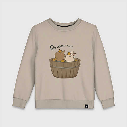 Детский свитшот Милая капибара с зайчиком и апельсинкой / Миндальный – фото 1