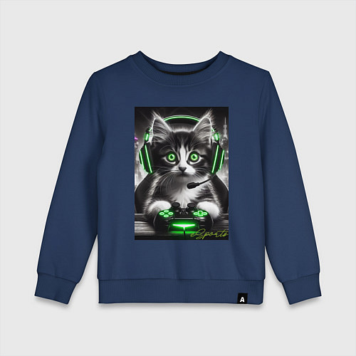 Детский свитшот Котёнок командный геймер - киберспорт / Тёмно-синий – фото 1