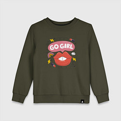 Свитшот хлопковый детский Go girl lips, цвет: хаки