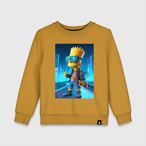 Детский свитшот Барт Симпсон в неоновом городе со скейтбордом - не / Горчичный – фото 1