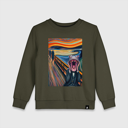 Детский свитшот Бегемот кричит - мем живопись от нейросети / Хаки – фото 1
