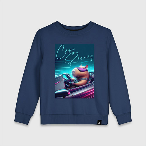 Детский свитшот Капибара гонщик - нейросеть / Тёмно-синий – фото 1