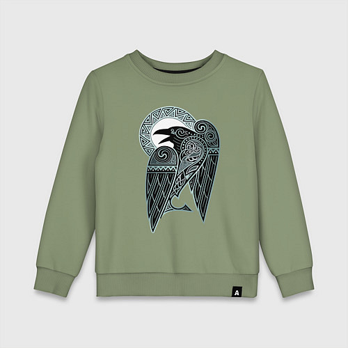 Детский свитшот Кельтский ворон - скандинавский орнамент тату / Авокадо – фото 1