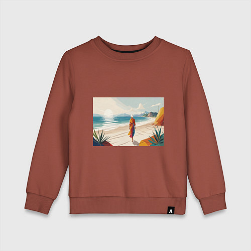 Детский свитшот Летний пейзаж с женщиной на пляже / Кирпичный – фото 1