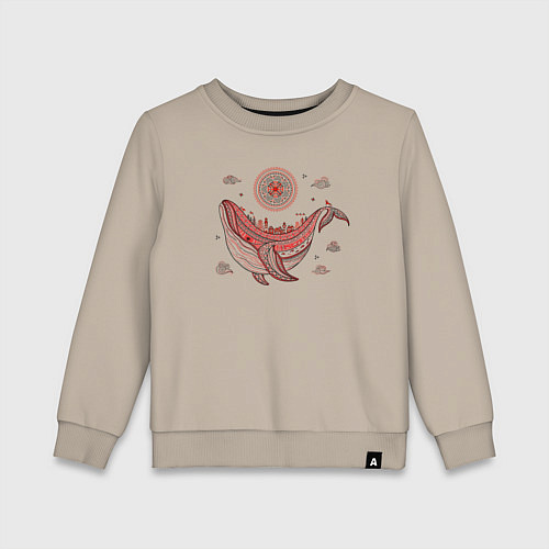 Детский свитшот Кит и солнце в стиле мезенской росписи / Миндальный – фото 1