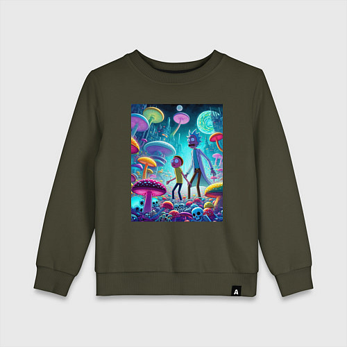 Детский свитшот Морти и Рик к сказочном грибном месте / Хаки – фото 1