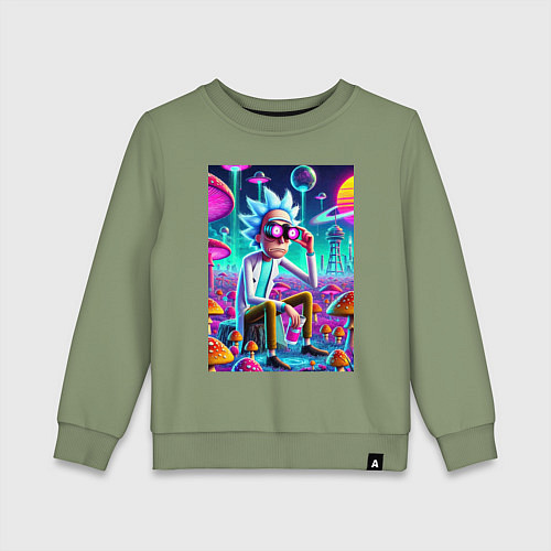 Детский свитшот Рик в неоновых очках среди грибов / Авокадо – фото 1