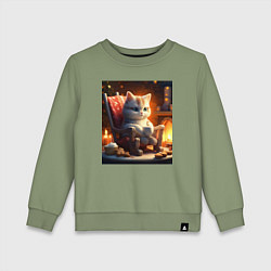 Детский свитшот Уютный кот у камина с чашкой какао