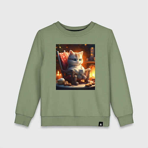 Детский свитшот Уютный кот у камина с чашкой какао / Авокадо – фото 1