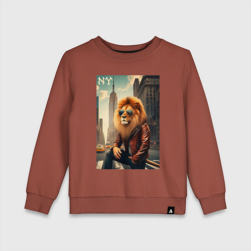 Детский свитшот Cool Lion New Yorker - ai art / Кирпичный – фото 1