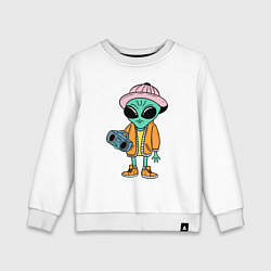 Свитшот хлопковый детский Инопланетянин с магнитофоном, цвет: белый