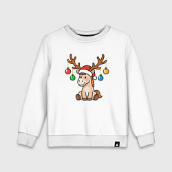 Детский свитшот Лошадь в шапке Санта-Клауса и рогами оленя