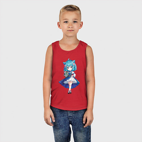 Детская майка Аниме девушка-кошка в синем платье с букетом цвето / Красный – фото 5