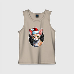 Майка детская хлопок Кот породы Девон-рекс в новогодней шапке, цвет: миндальный