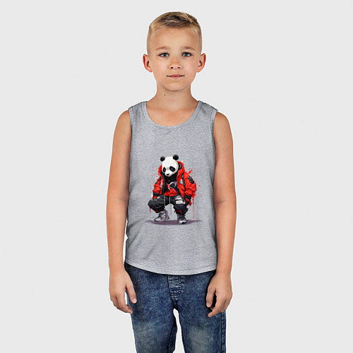 Детская майка Модная панда в красной куртке / Меланж – фото 5
