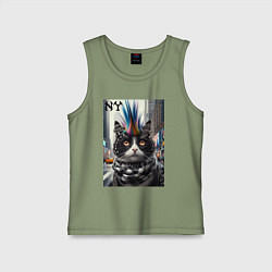 Майка детская хлопок Кот панк с разноцветным хаером - Нью-Йорк, цвет: авокадо