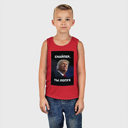 Майка детская хлопок Мем трамп после покушения с ухом: снайпер ты лопух, цвет: красный — фото 2