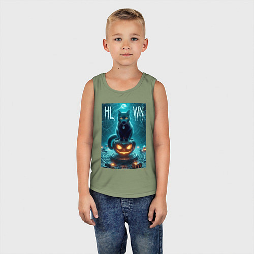 Детская майка Чёрный кот сидит на тыкве - хэллоуин / Авокадо – фото 5